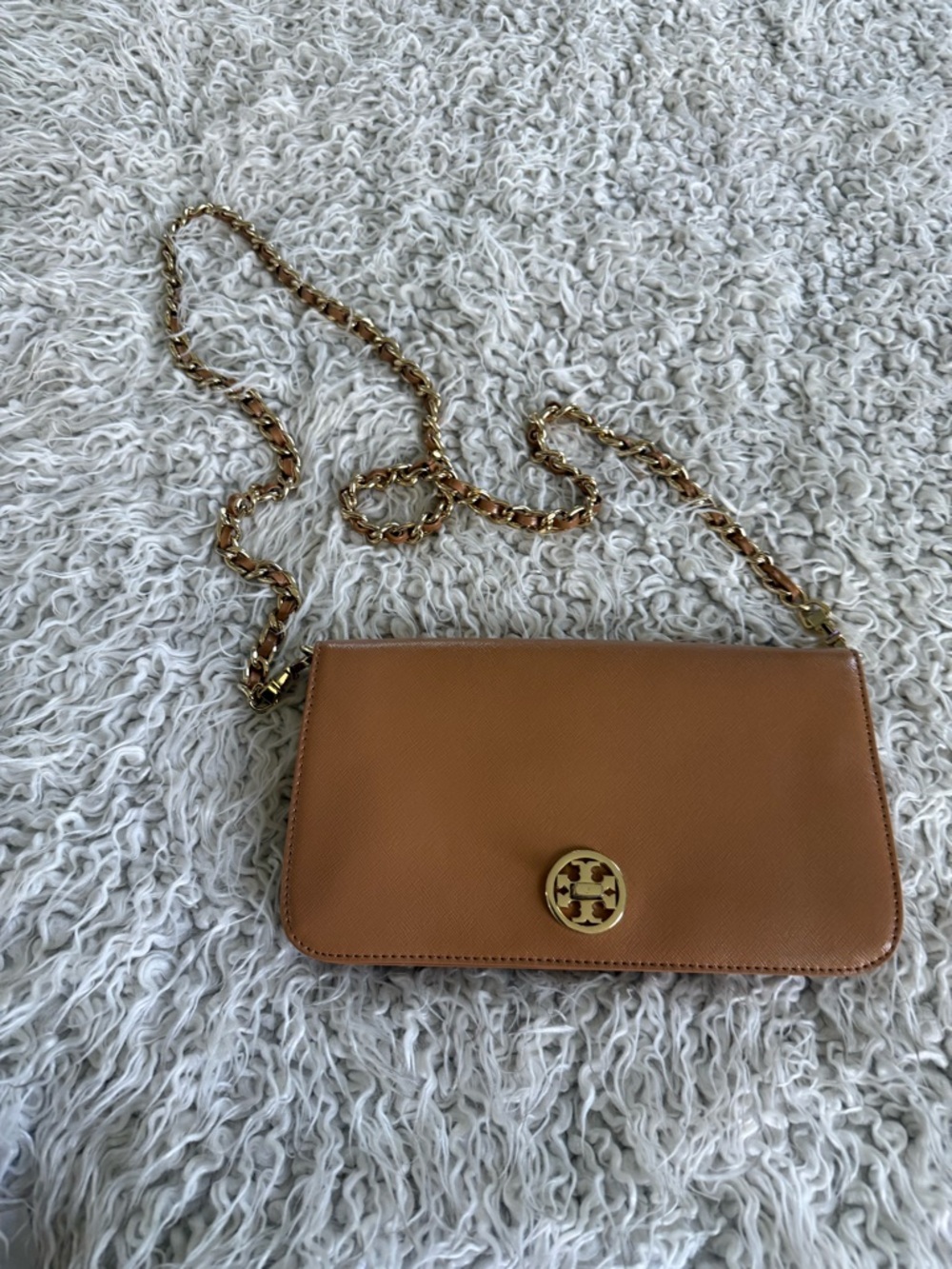 Tory Burch Tan Leather Logo-Emblem Chain Crossbody